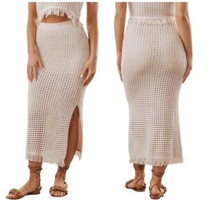 Miou Muse Lovers Beach Crochet Boho Midi Skirt with Fringe Trim in Sand Beige